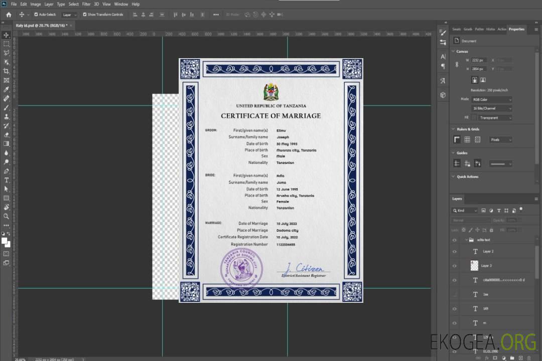 Modèle PSD de certificat de mariage en Tanzanie template